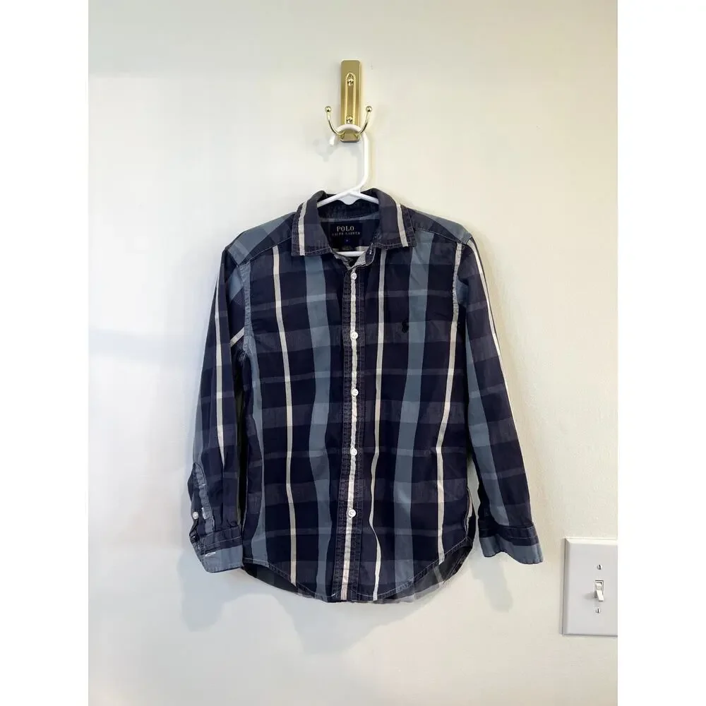 Polo Ralph Lauren Boys Plaid Button Down Shirt 6 Blue Classic Preppy Long Sleeve
